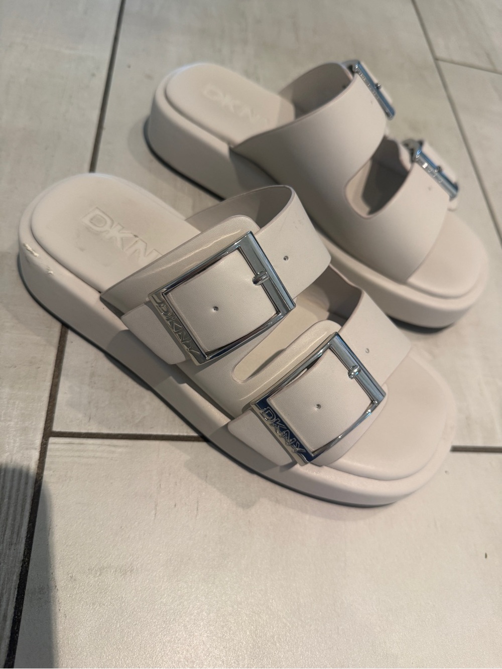 DKNY Blush Pink Double-Buckle Slide Sandals with Silver Buckles size 6